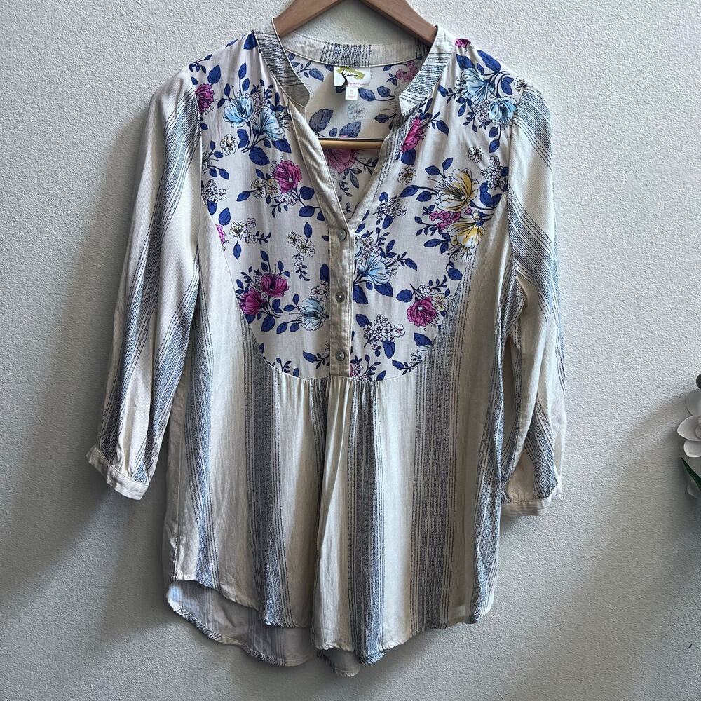 Figueroa & Flowers Blue Stripe Long Sleeve Blouse Pink Cream Floral Womens Small